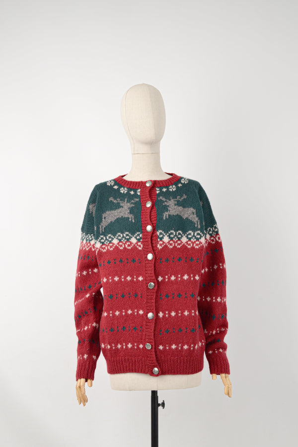 REINDEER - 1990s Vintage Eddie Bauer Reindeer Red and Green Cardigan - Size S