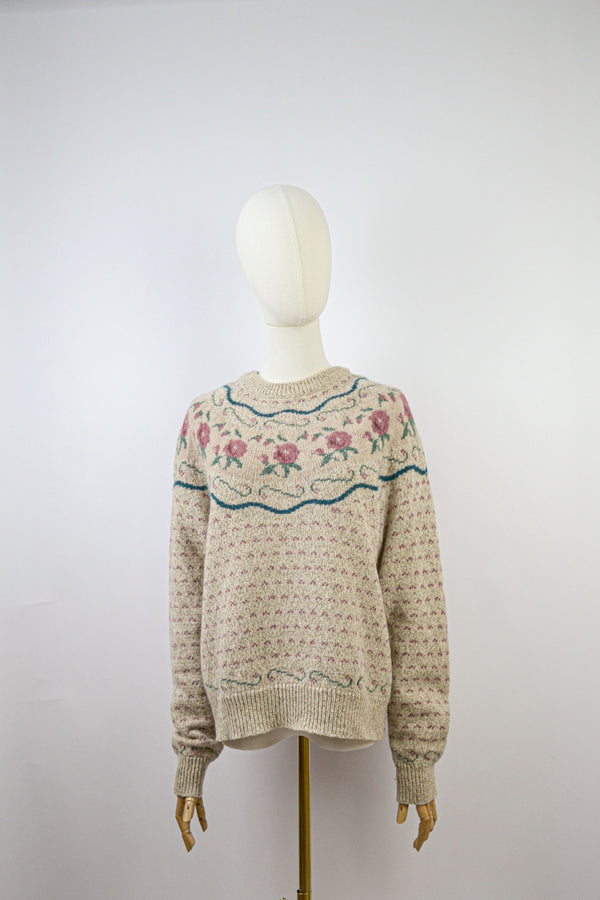 AU NOM DE LA ROSE - 1980s Vintage Floral Jumper - Size S/M