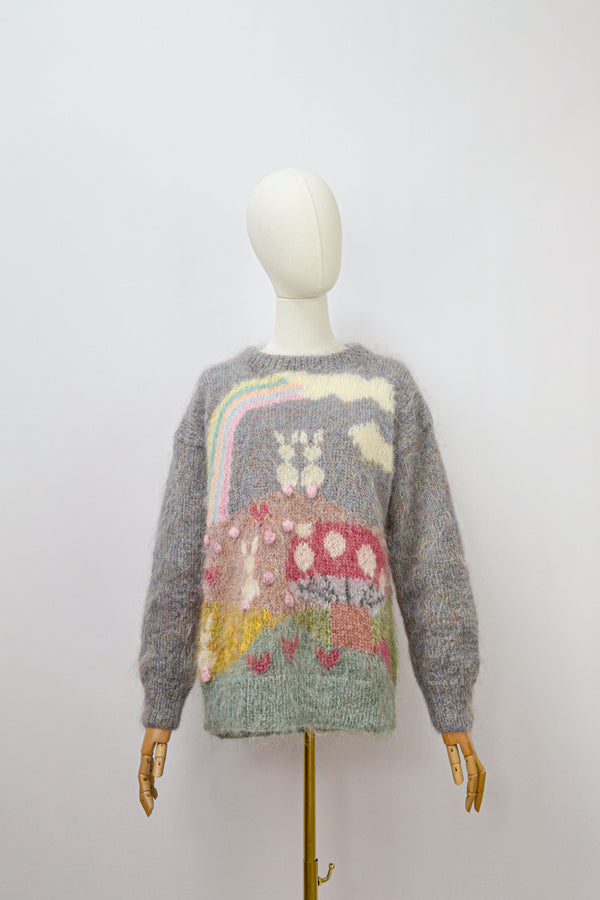 ROMANTIC WOODS - 1980s Vintage Rare Susie Lee Style Nature Scene Jumper -Size S/M