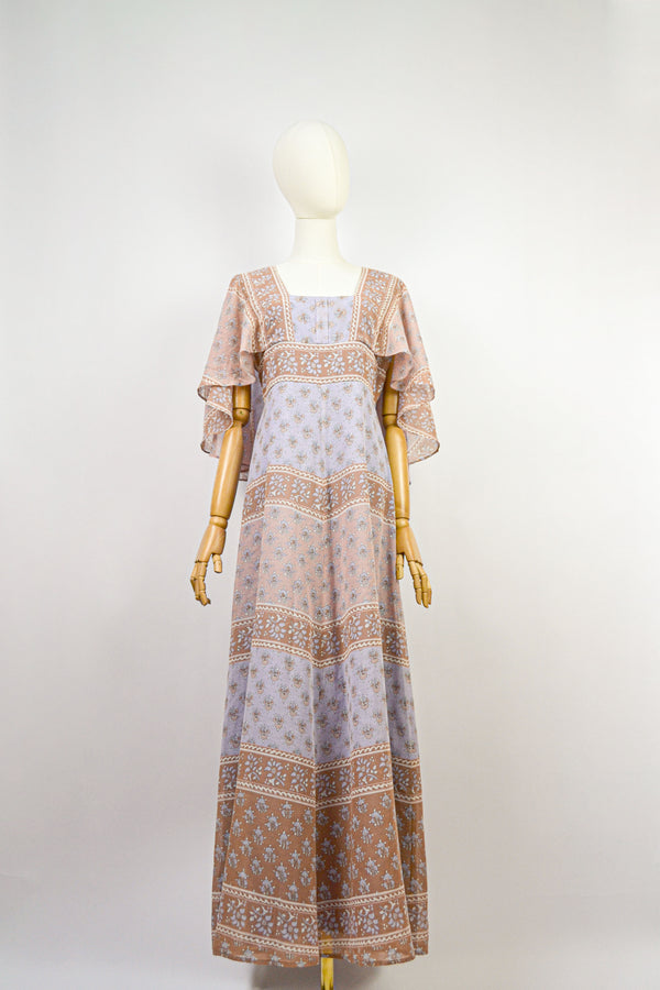 ROSEWOOD -  1970s Vintage Sherman Of London  Floral Prairie Maxi Dress - Size S/M