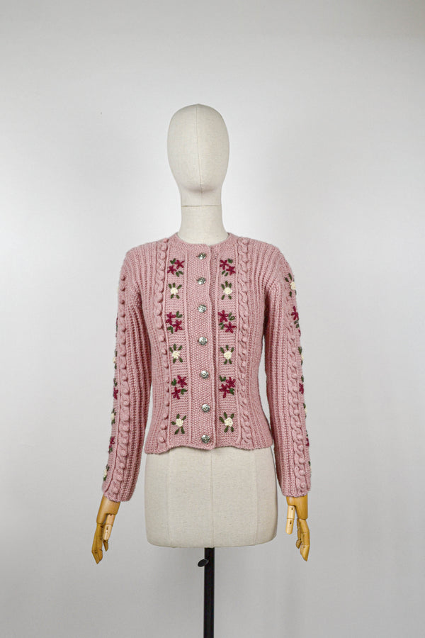 ROSITA - 1980s Vintage Floral Embroidery Austrian Cardigan - Size S/M