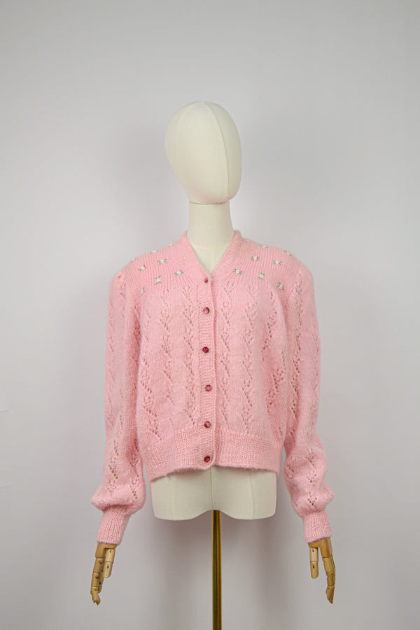 ROSY ROMANCE - 1980s Vintage Bright Pink Hand Knitted Mohair Cardigan- Size S/M