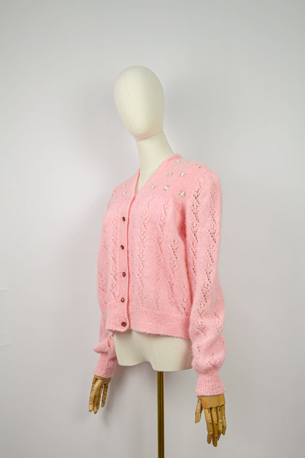 ROSY ROMANCE - 1980s Vintage Bright Pink Hand Knitted Mohair Cardigan- Size S/M