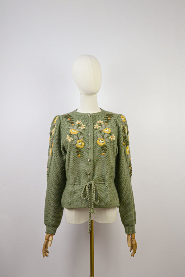 RUDBECKIA - 1980s Vintage Floral Embroidered Austrian Cardigan - Size S/M