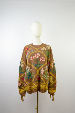 RUSTIC FLORAL - 1980s Vintage Wool Brown Autumn Floral Jumper - Size M/L