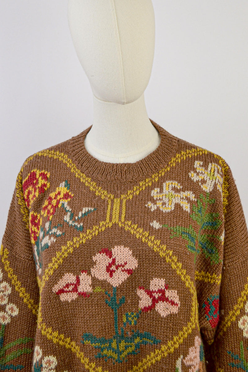 RUSTIC FLORAL - 1980s Vintage Wool Brown Autumn Floral Jumper - Size M/L