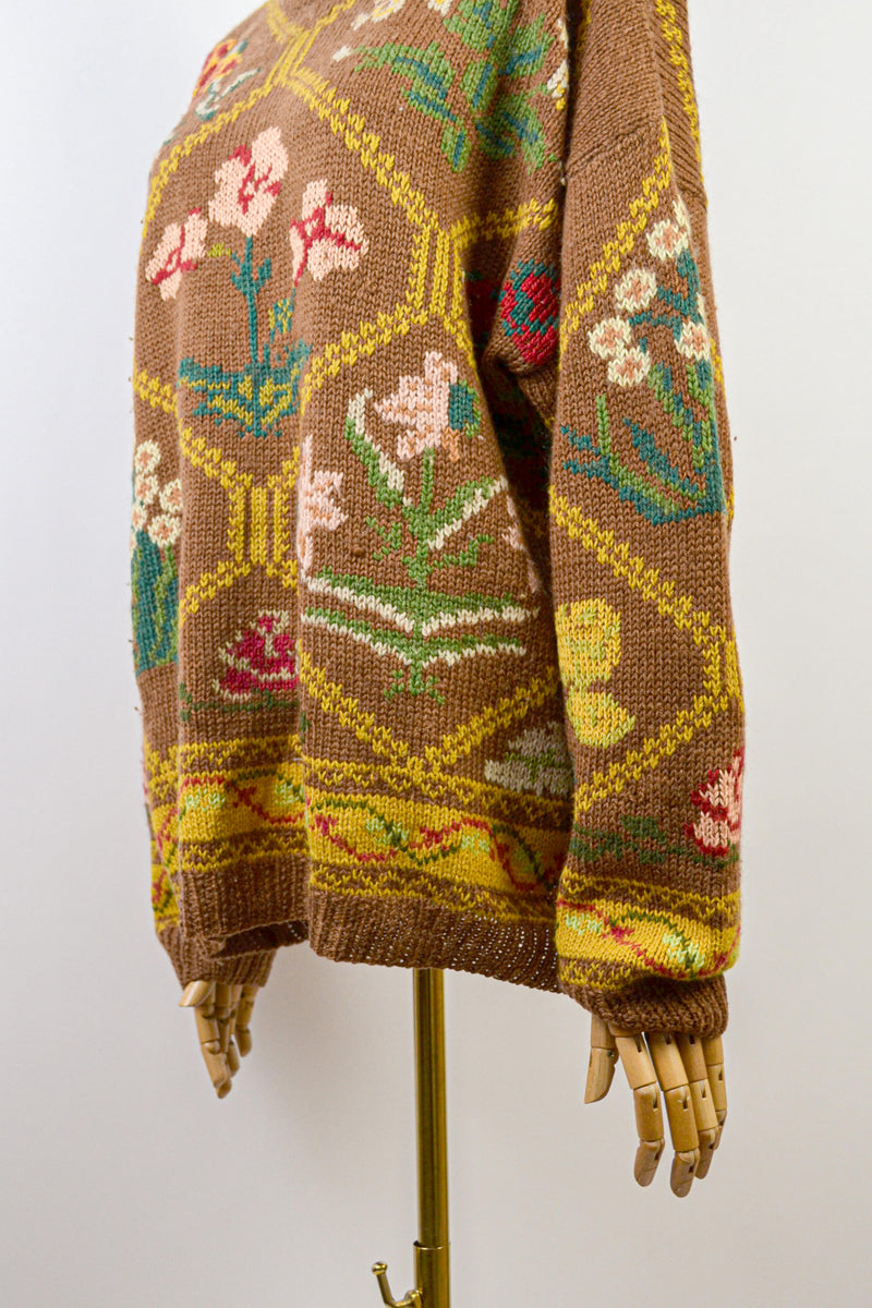 RUSTIC FLORAL - 1980s Vintage Wool Brown Autumn Floral Jumper - Size M/L