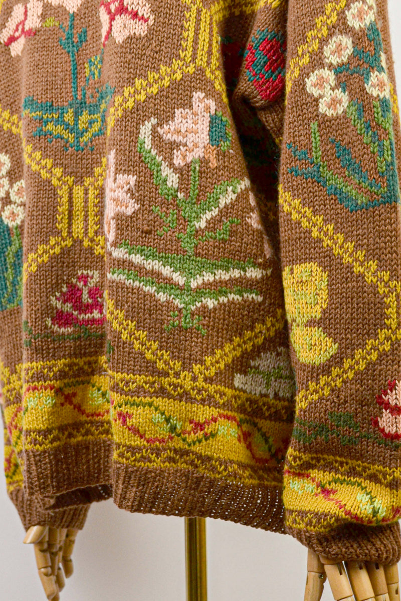RUSTIC FLORAL - 1980s Vintage Wool Brown Autumn Floral Jumper - Size M/L