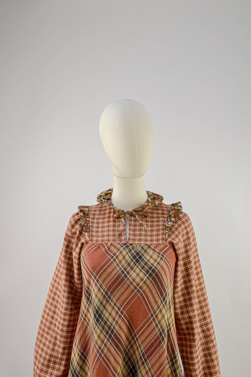 RUSTIC PATCHWORK - 1970s Vintage Check Dress - Size S