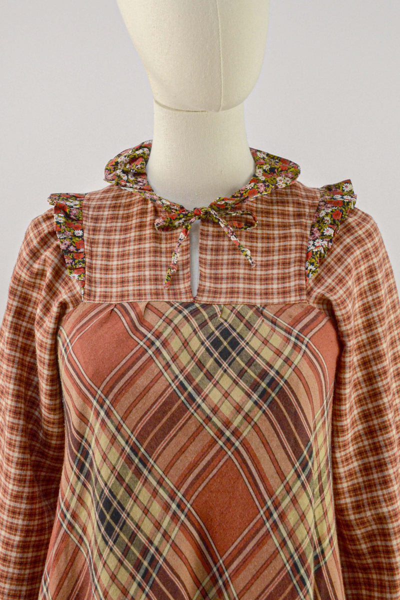 RUSTIC PATCHWORK - 1970s Vintage Check Dress - Size S