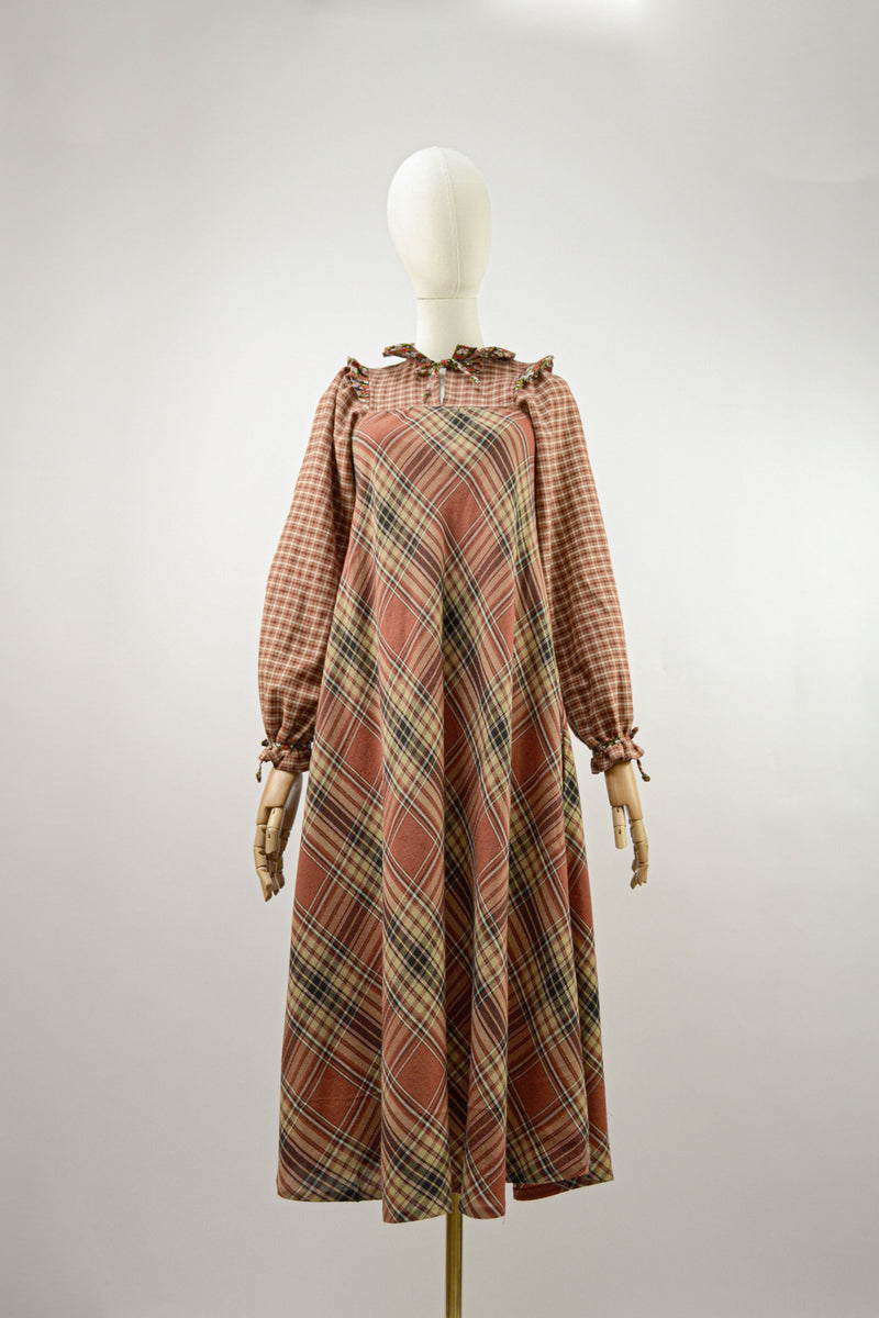 RUSTIC PATCHWORK - 1970s Vintage Check Dress - Size S