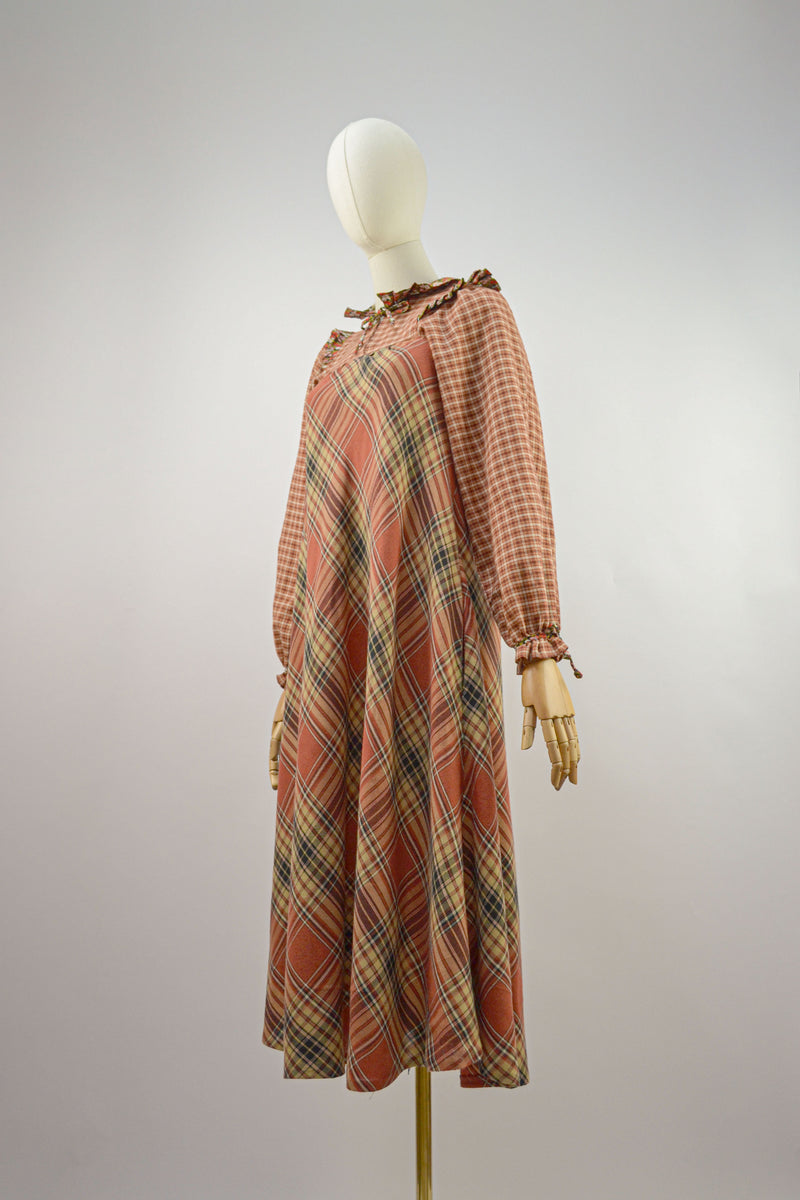 RUSTIC PATCHWORK - 1970s Vintage Check Dress - Size S