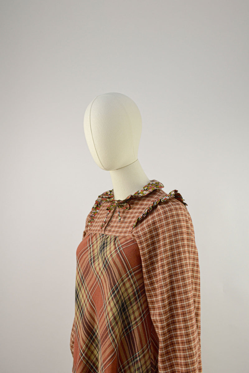 RUSTIC PATCHWORK - 1970s Vintage Check Dress - Size S