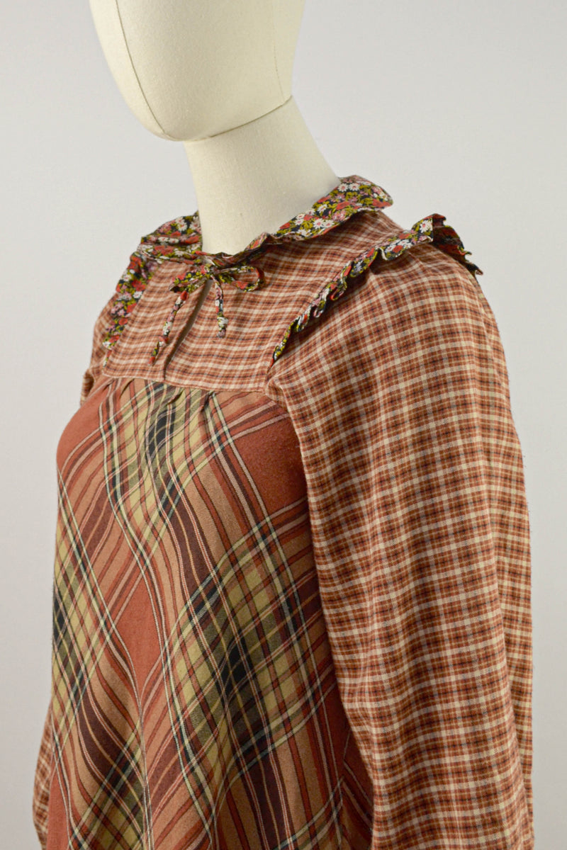 RUSTIC PATCHWORK - 1970s Vintage Check Dress - Size S