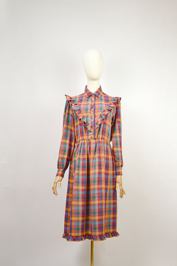 RUSTY PLAID - 1980s Vintage Autumnal Color Plaid Dress - Size M/L
