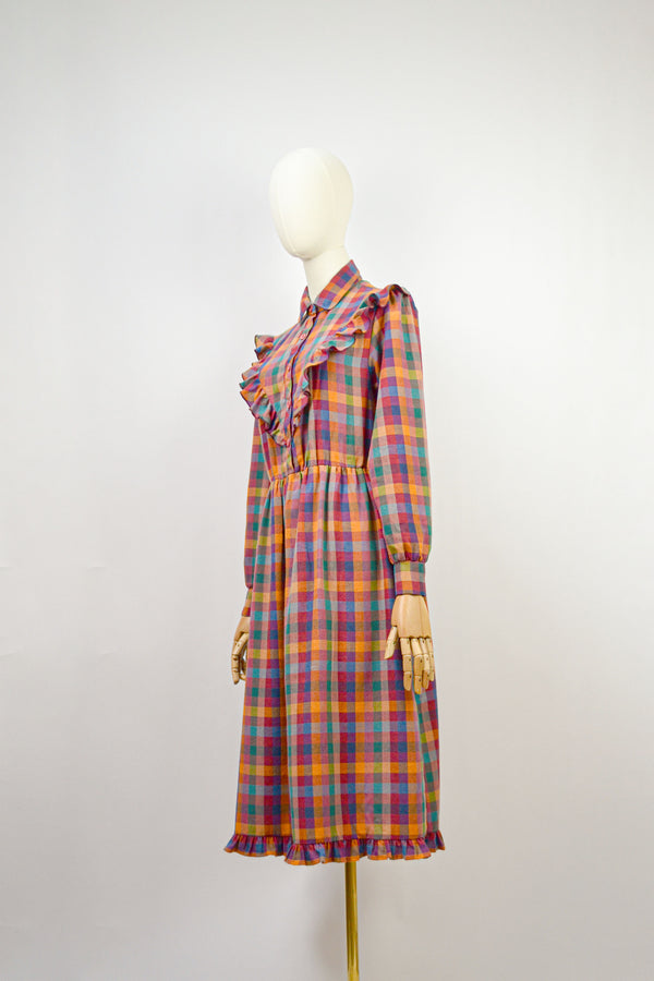 RUSTY PLAID - 1980s Vintage Autumnal Color Plaid Dress - Size M/L