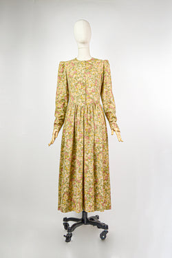 SAFFRON - 1980s Laura Ashley Autumn Floral Prairie Dress - Size S/M