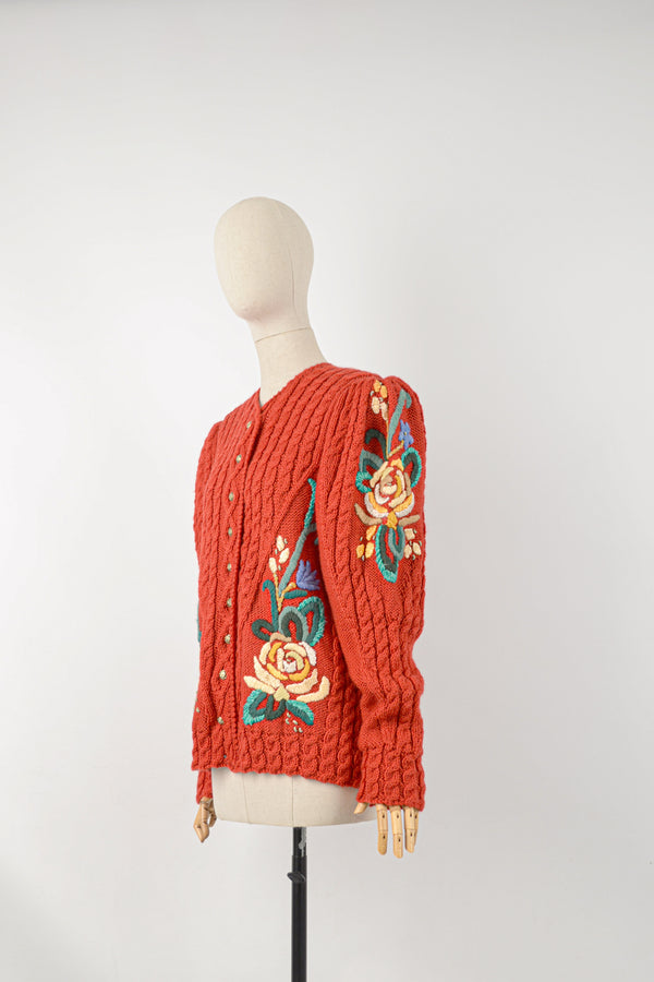 SCARLET - 1990s Vintage and Rare Lechuza Red and Floral Embroidered Austrian Cardigan - Size M/L