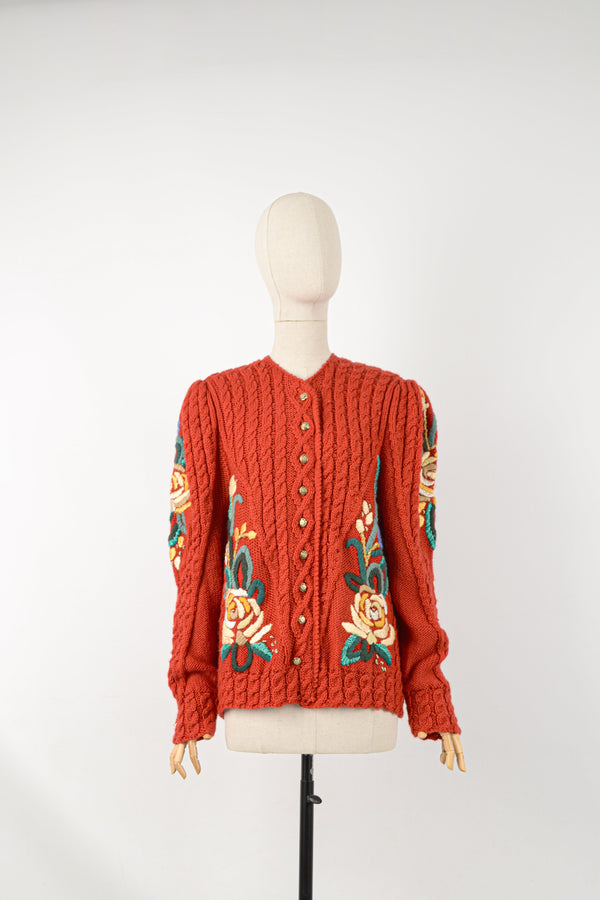 SCARLET - 1990s Vintage and Rare Lechuza Red and Floral Embroidered Austrian Cardigan - Size M/L