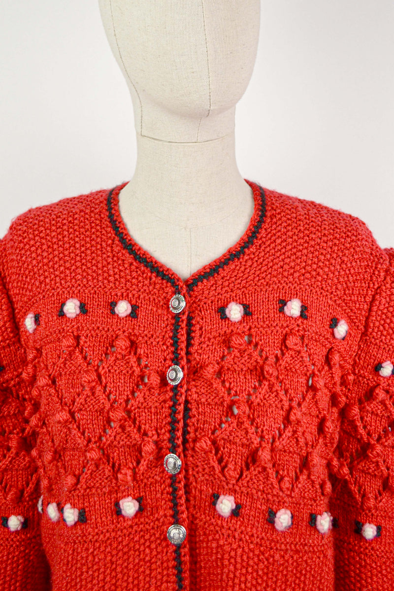 SCARLET - 1980s Vintage Red Floral Embroidered Austrian Cardigan - Size M/L