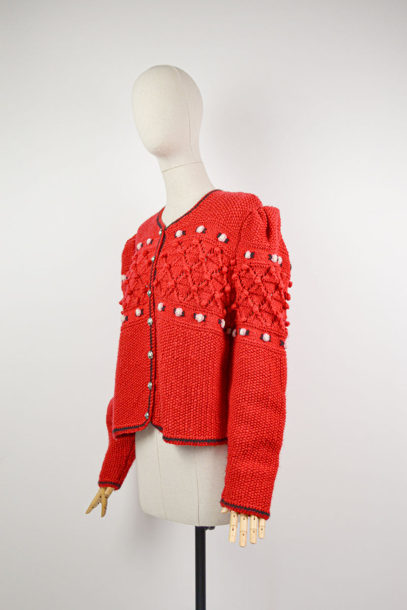 SCARLET - 1980s Vintage Red Floral Embroidered Austrian Cardigan - Size M/L