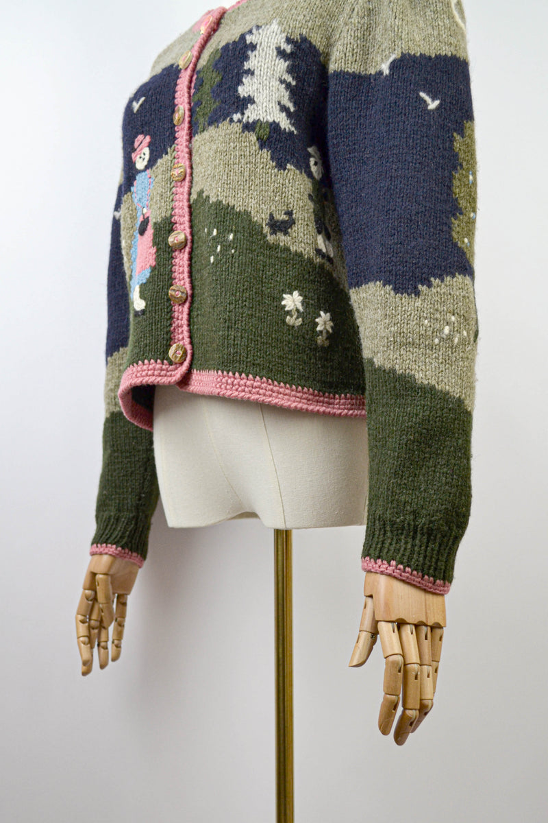 SILENT PINES 1980s Vintage Forest Scenery Wool Austrian Cardigan Size S/M