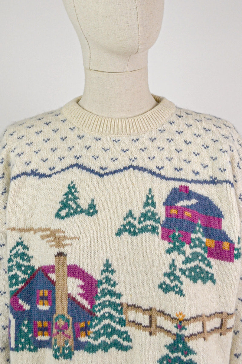 SNOWBALL - 1990s Vintage Winter Scenery Jumper - Size S/M