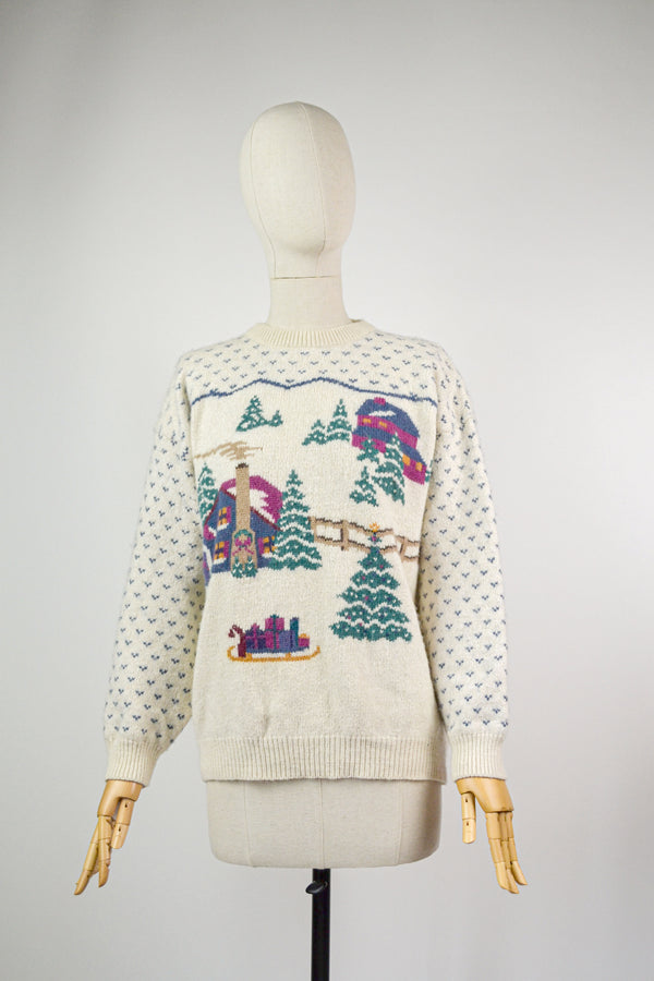 SNOWBALL - 1990s Vintage Winter Scenery Jumper - Size S/M