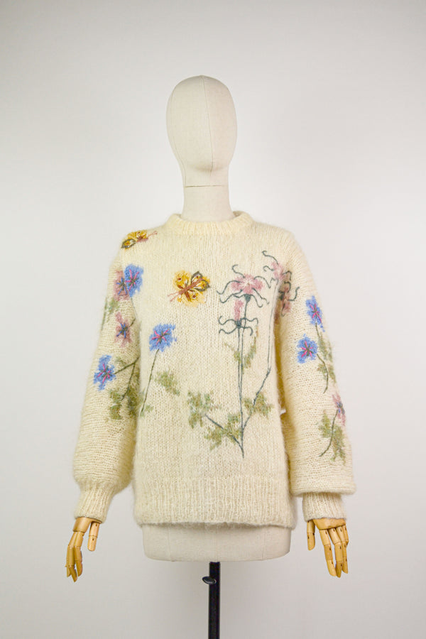 SPRINGTIME - 1980s Vintage Brigid Foley Embroidered Flower and Butterflies Mohair Jumper - Size S/M