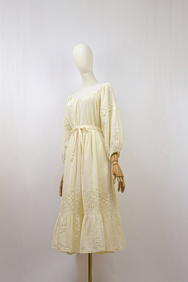 SWEET ALMOND - 1970s Vintage Lucie Linden Cotton Blouse and Skirt Two-pieces Set - Size S/M