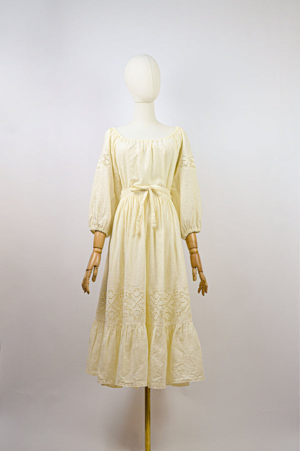 SWEET ALMOND - 1970s Vintage Lucie Linden Cotton Blouse and Skirt Two-pieces Set - Size S/M