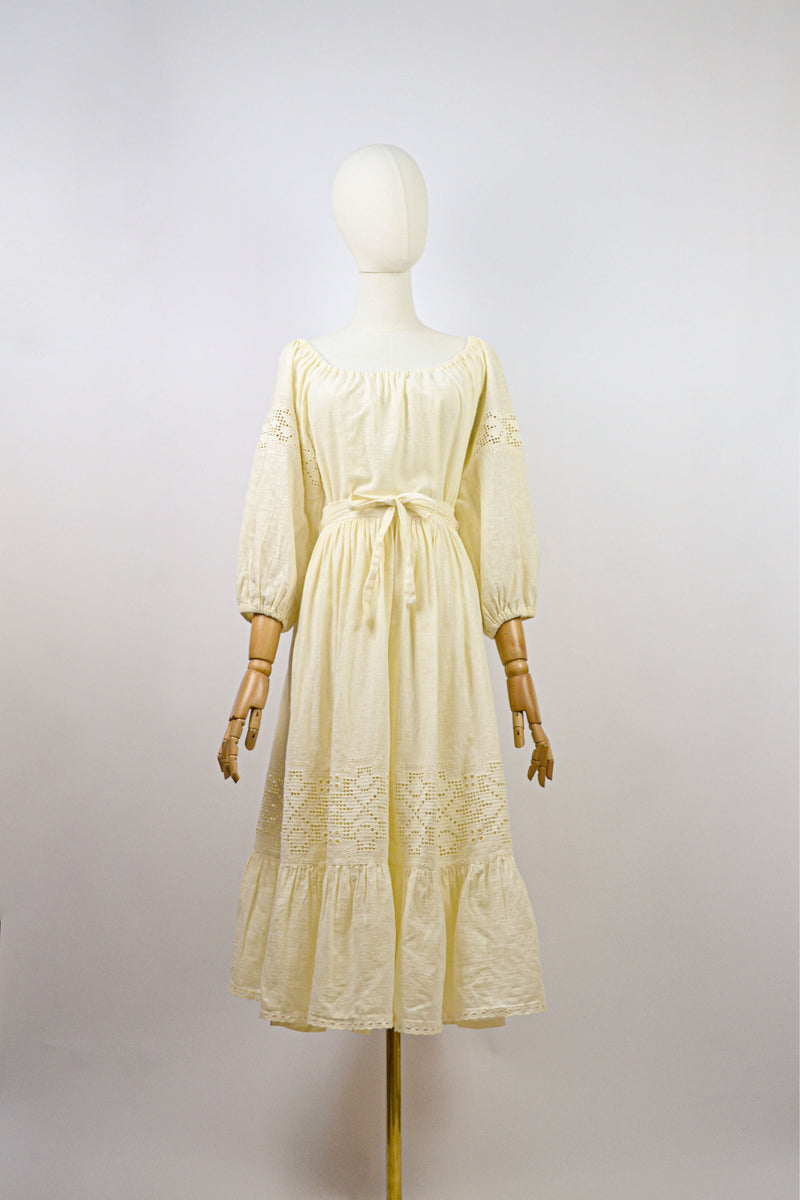 SWEET ALMOND - 1970s Vintage Lucie Linden Cotton Blouse and Skirt Two-pieces Set - Size S/M