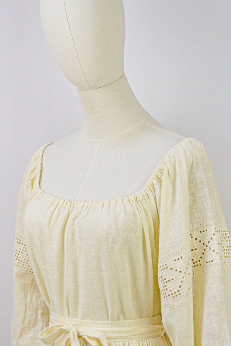 SWEET ALMOND - 1970s Vintage Lucie Linden Cotton Blouse and Skirt Two-pieces Set - Size S/M