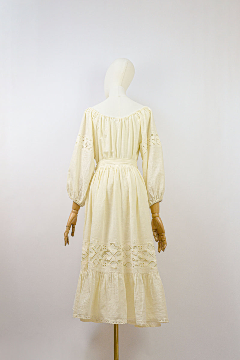 SWEET ALMOND - 1970s Vintage Lucie Linden Cotton Blouse and Skirt Two-pieces Set - Size S/M