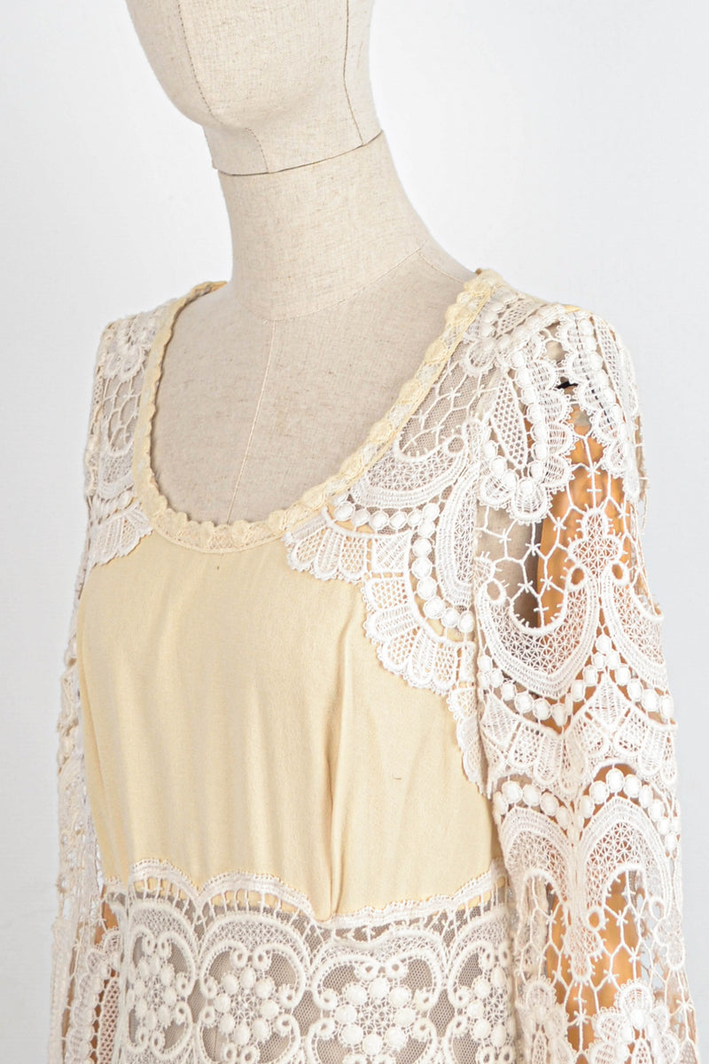 PEARL - 1970s Vintage Ivory Lace Prairie Dress - Size M/L