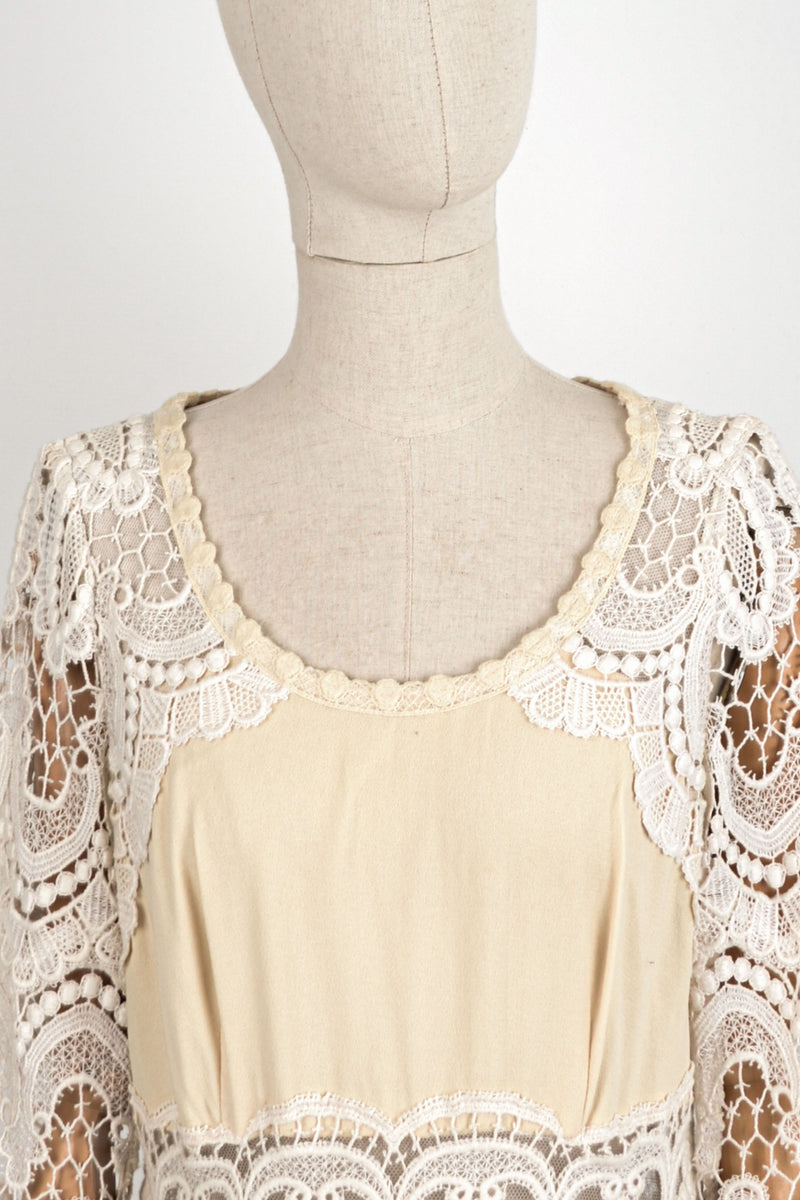 PEARL - 1970s Vintage Ivory Lace Prairie Dress - Size M/L