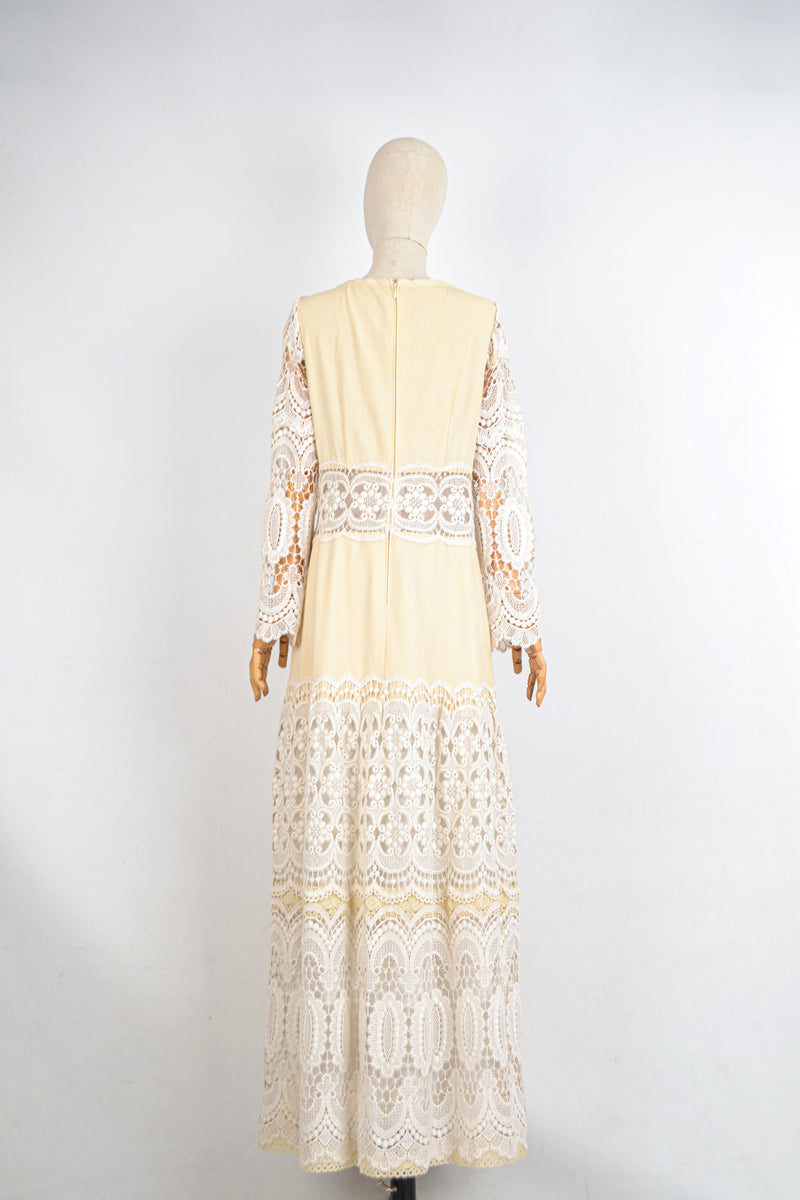 PEARL - 1970s Vintage Ivory Lace Prairie Dress - Size M/L