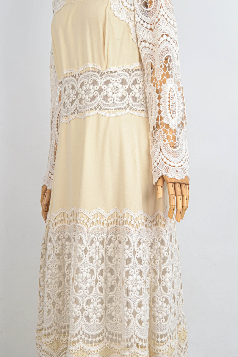 PEARL - 1970s Vintage Ivory Lace Prairie Dress - Size M/L