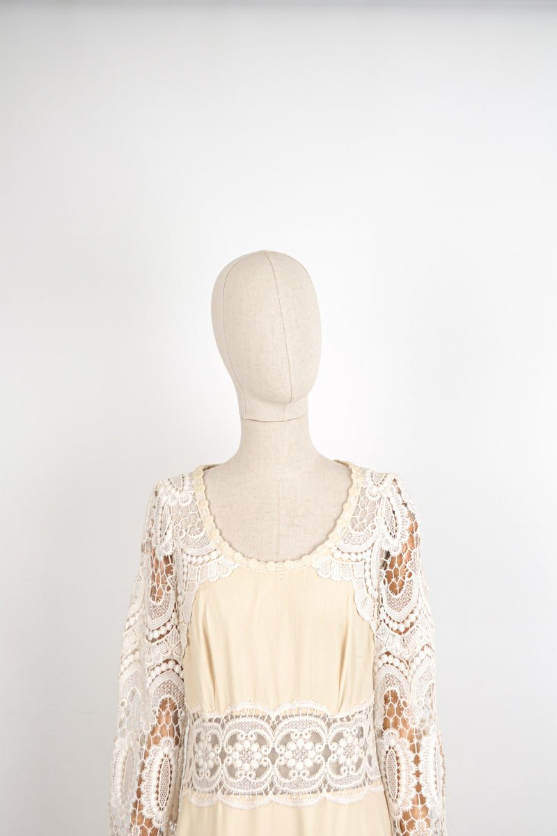 PEARL - 1970s Vintage Ivory Lace Prairie Dress - Size M/L