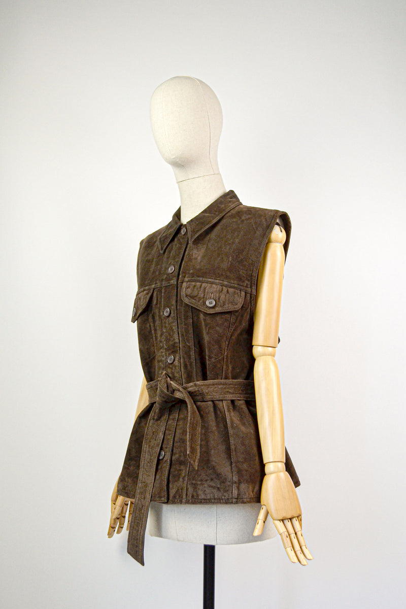 SYCAMORE - 1990s Vintage Laura Ashley Dark Brown Suede Waistcoat - Size M/L