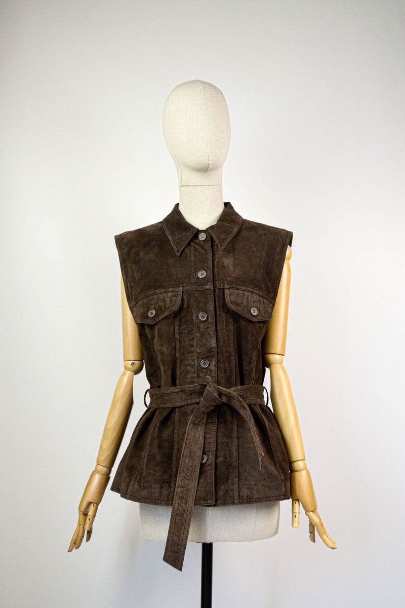 SYCAMORE - 1990s Vintage Laura Ashley Dark Brown Suede Waistcoat - Size M/L