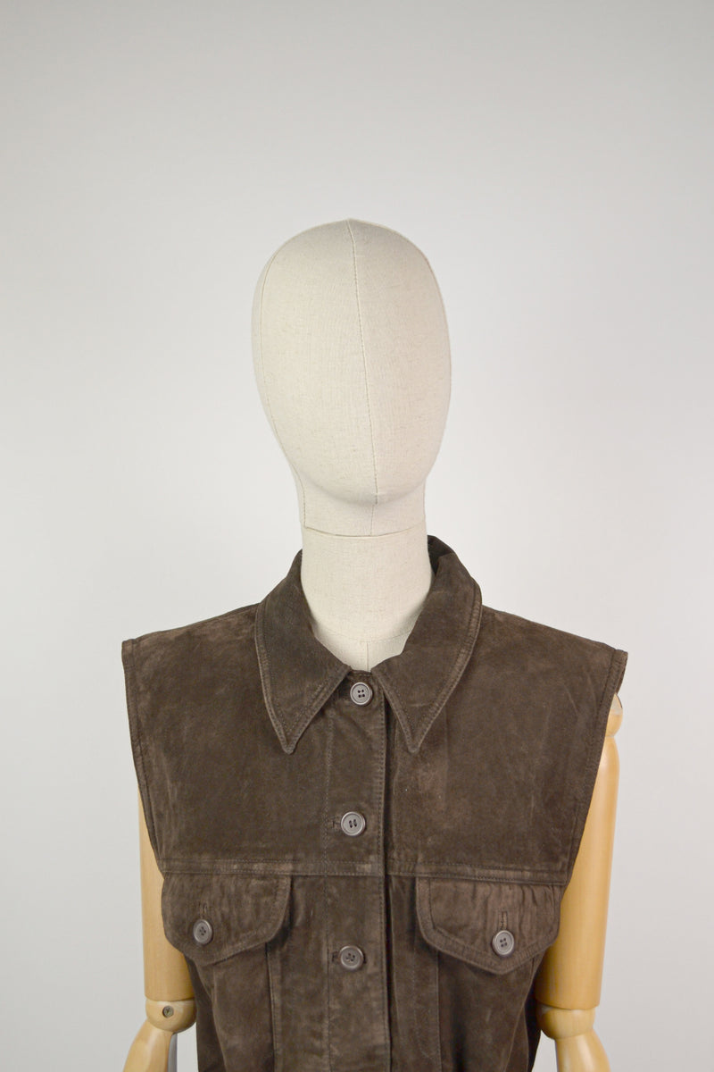 SYCAMORE - 1990s Vintage Laura Ashley Dark Brown Suede Waistcoat - Size M/L