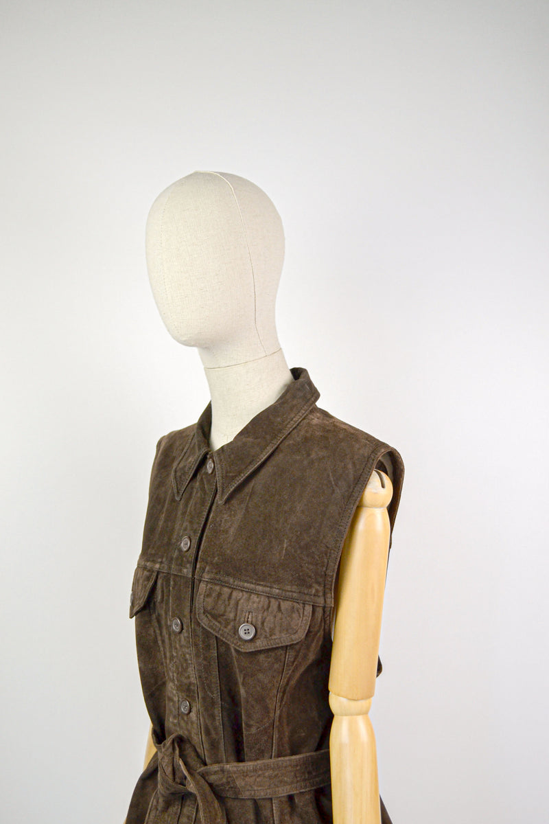 SYCAMORE - 1990s Vintage Laura Ashley Dark Brown Suede Waistcoat - Size M/L