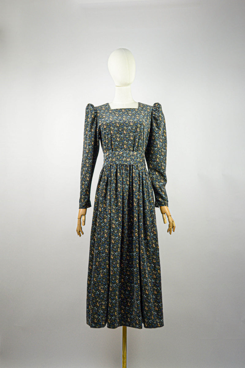 SYMPHONIE - 1980s Laura Ashley Ditsy Flower Corduroy Prairie Dress - Size S/M