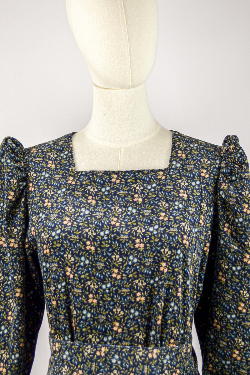 SYMPHONIE - 1980s Laura Ashley Ditsy Flower Corduroy Prairie Dress - Size S/M