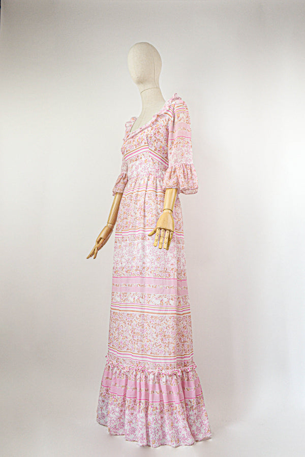 SERENADE - 1970s Vintage stunning Kati by Laura Phillips floral frilly maxi prairie dress - Size M