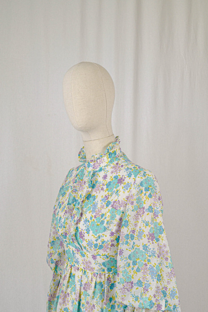 TURQUOISE 1960s/1970s Vintage Angela Gore Floral Maxi Dress - Size S