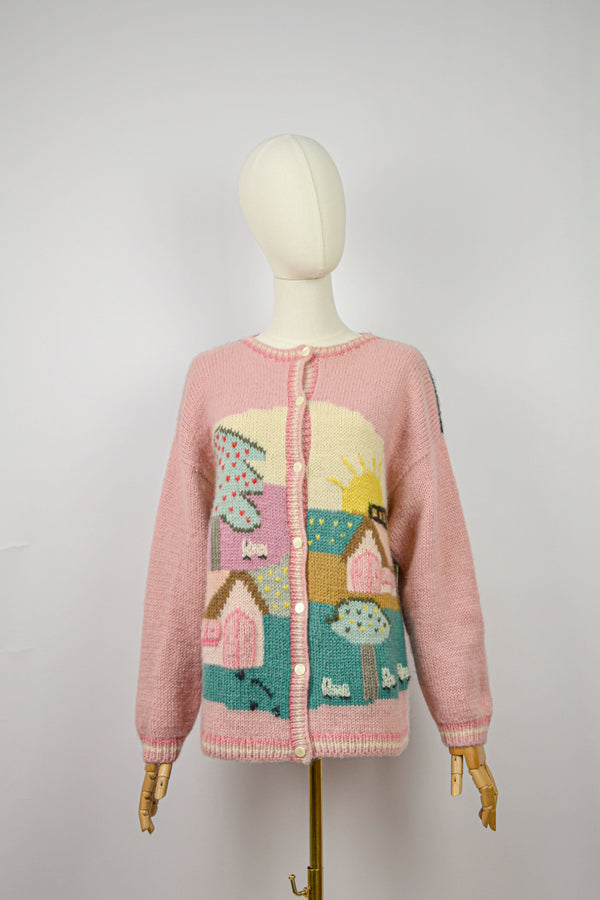 TWILLIGHT ROSE - 1980s Vintage  Hand-knitted Scenery Cardigan - Size M/L