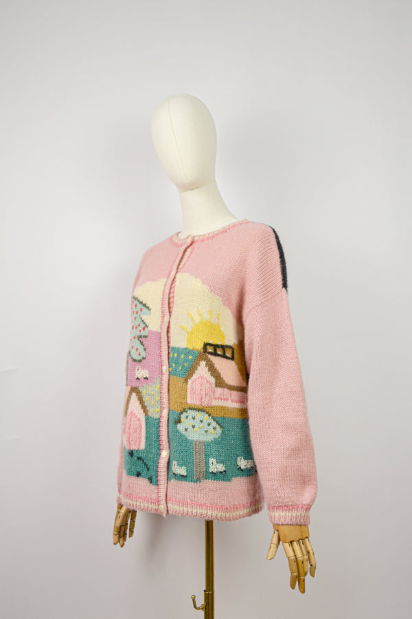 TWILLIGHT ROSE - 1980s Vintage  Hand-knitted Scenery Cardigan - Size M/L