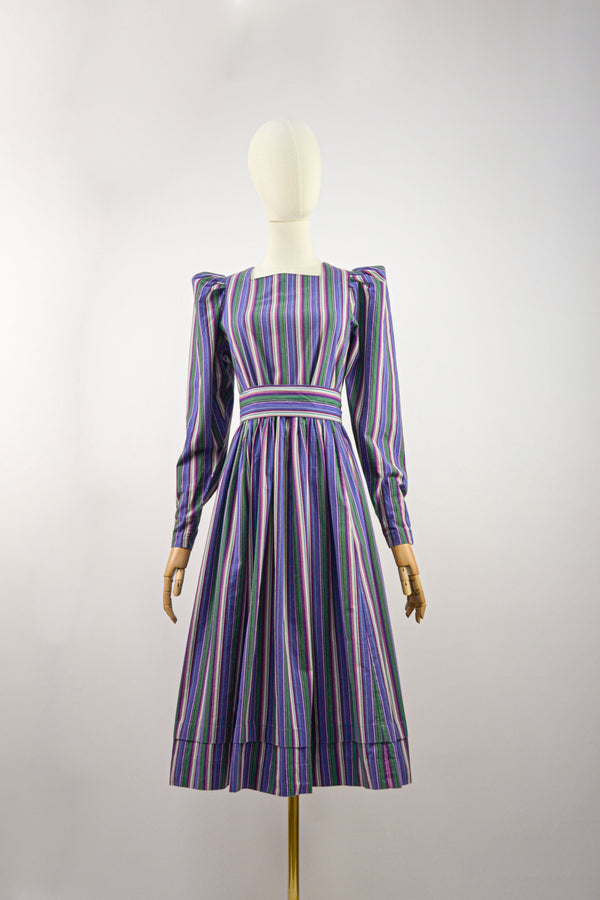 TWILIGHT VIOLET - 1980s Laura Ashley Purple Stripes Prairie Dress - Size S/M